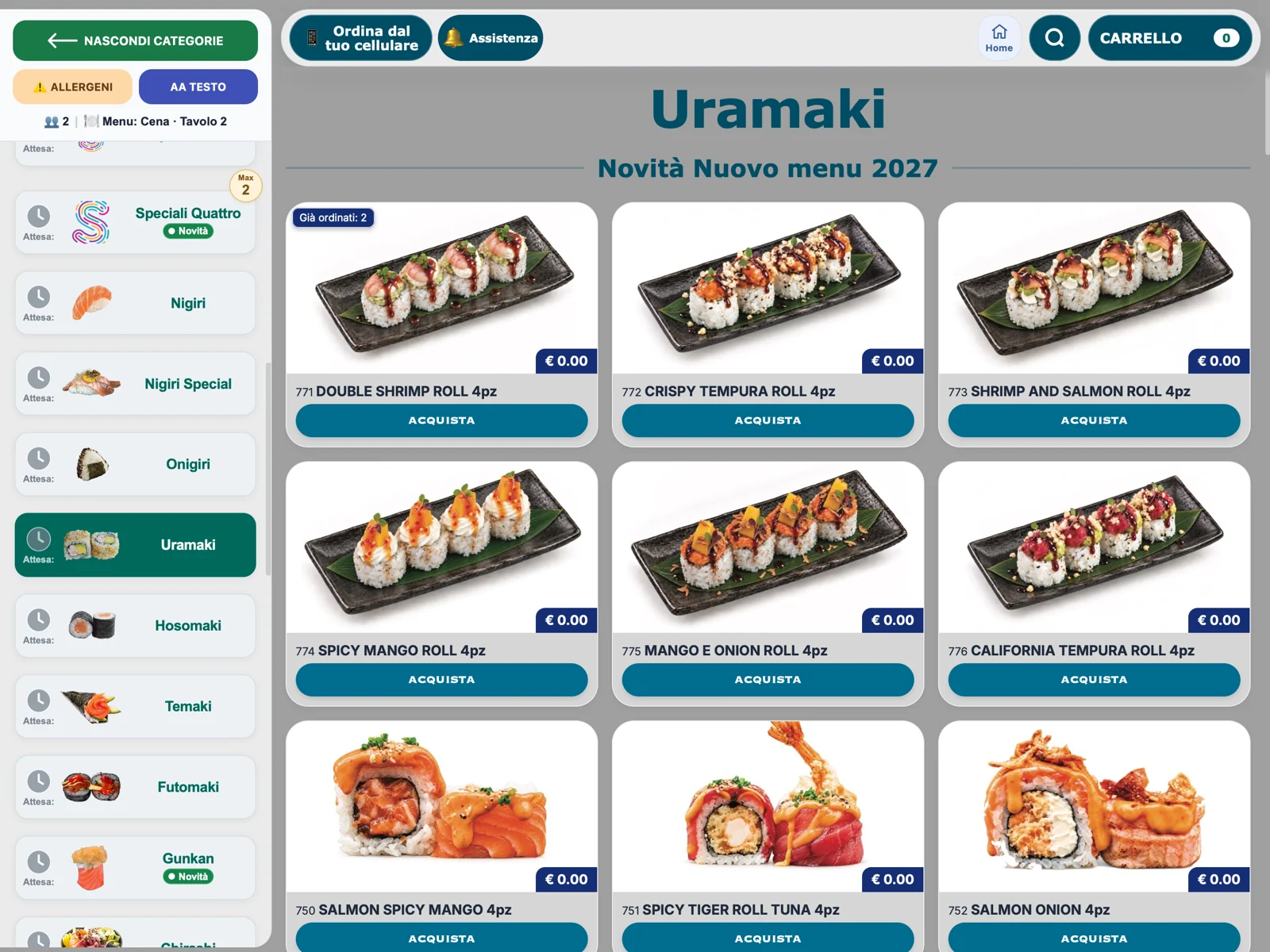 Menu e categorie sul tablet.